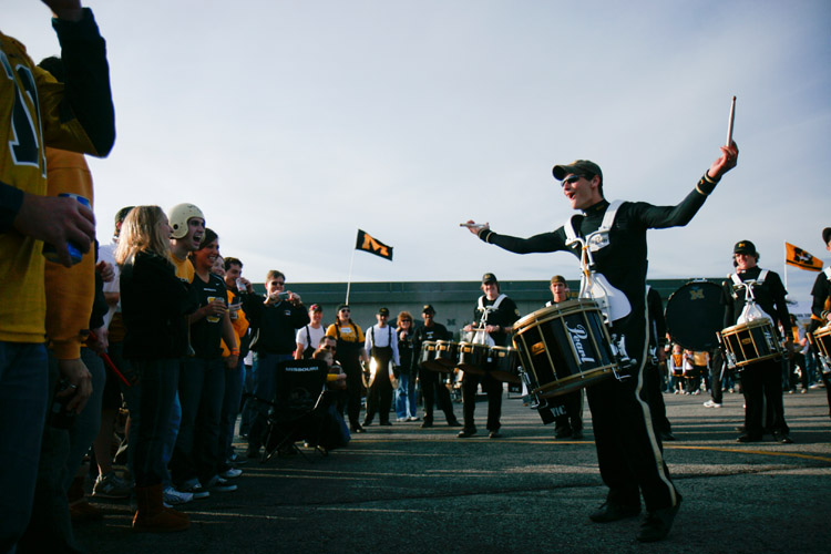The Missouri Drumline performs before a University of Missouri homecoming game against Texas.